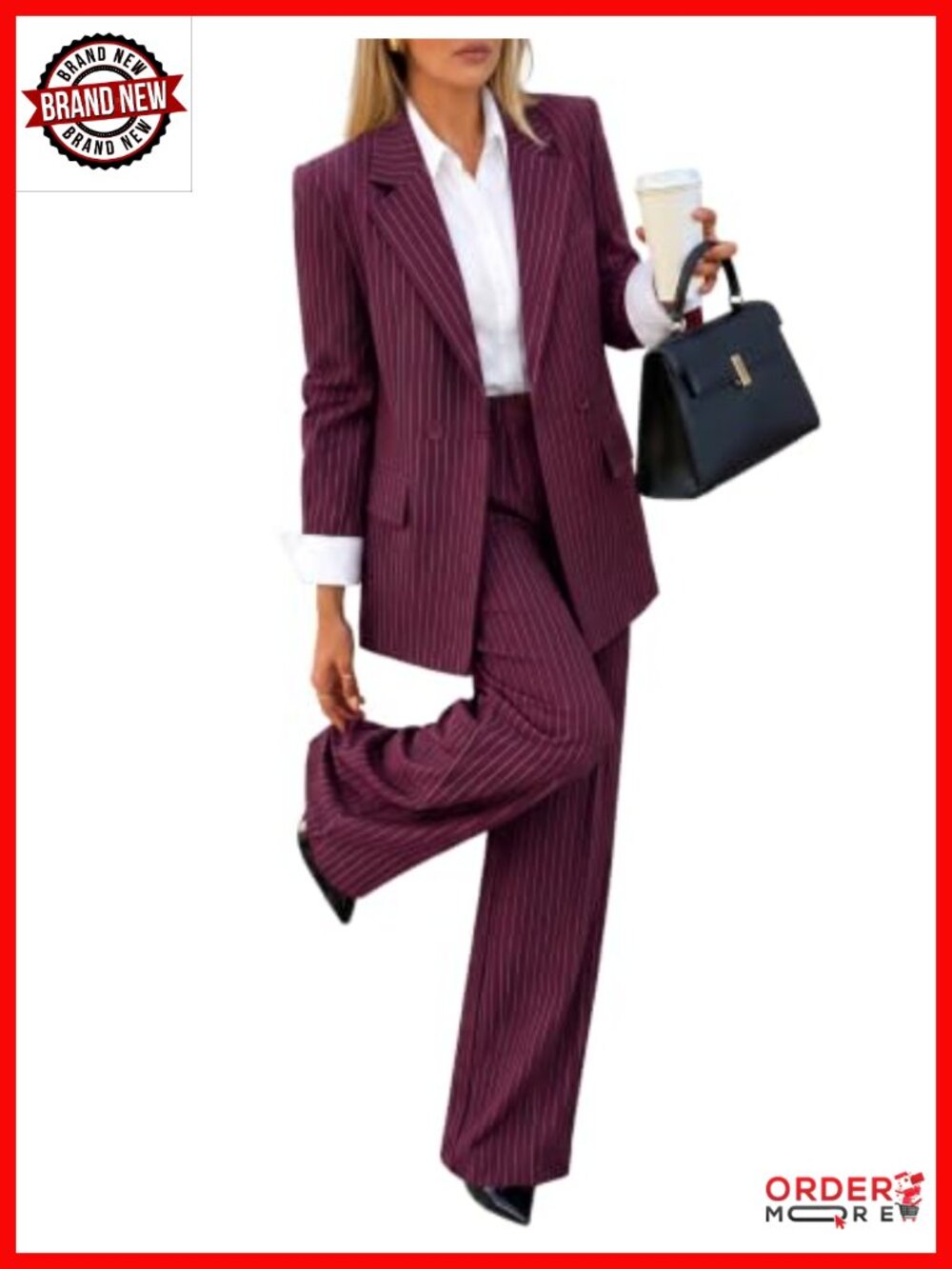 2 Piece Striped Suit Set Long Sleeve Blazer Wide Leg Pants Business Casual